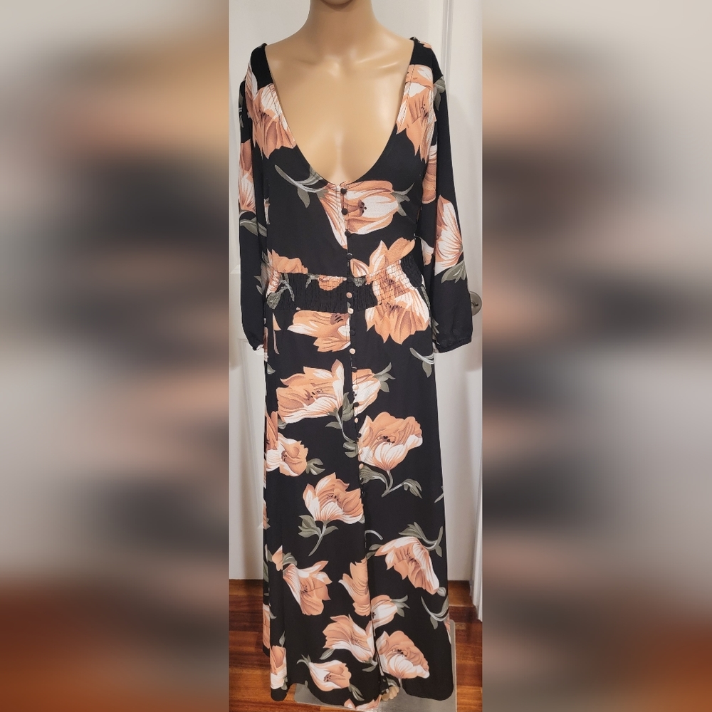 Always Indigo Dress Black Floral Peach Crepe Long Sleeve Elastic Waist Size 3X